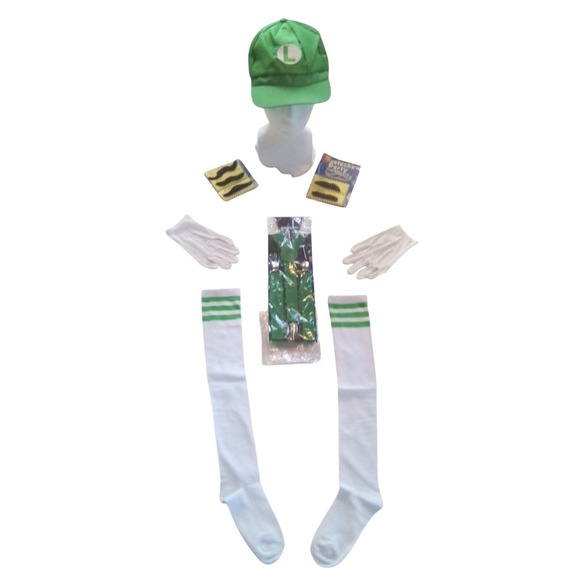 Halloween Luigi Accessory Kit, Hat, Suspenders, Mustache, Gloves, Socks /Unisex - Picture 1 of 7